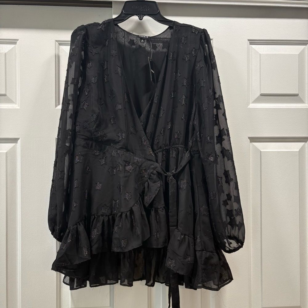 NWT Torrid Black Lurex Star Surplice Ruffle Hem Top Torrid Size 0 (US Lize L 12)